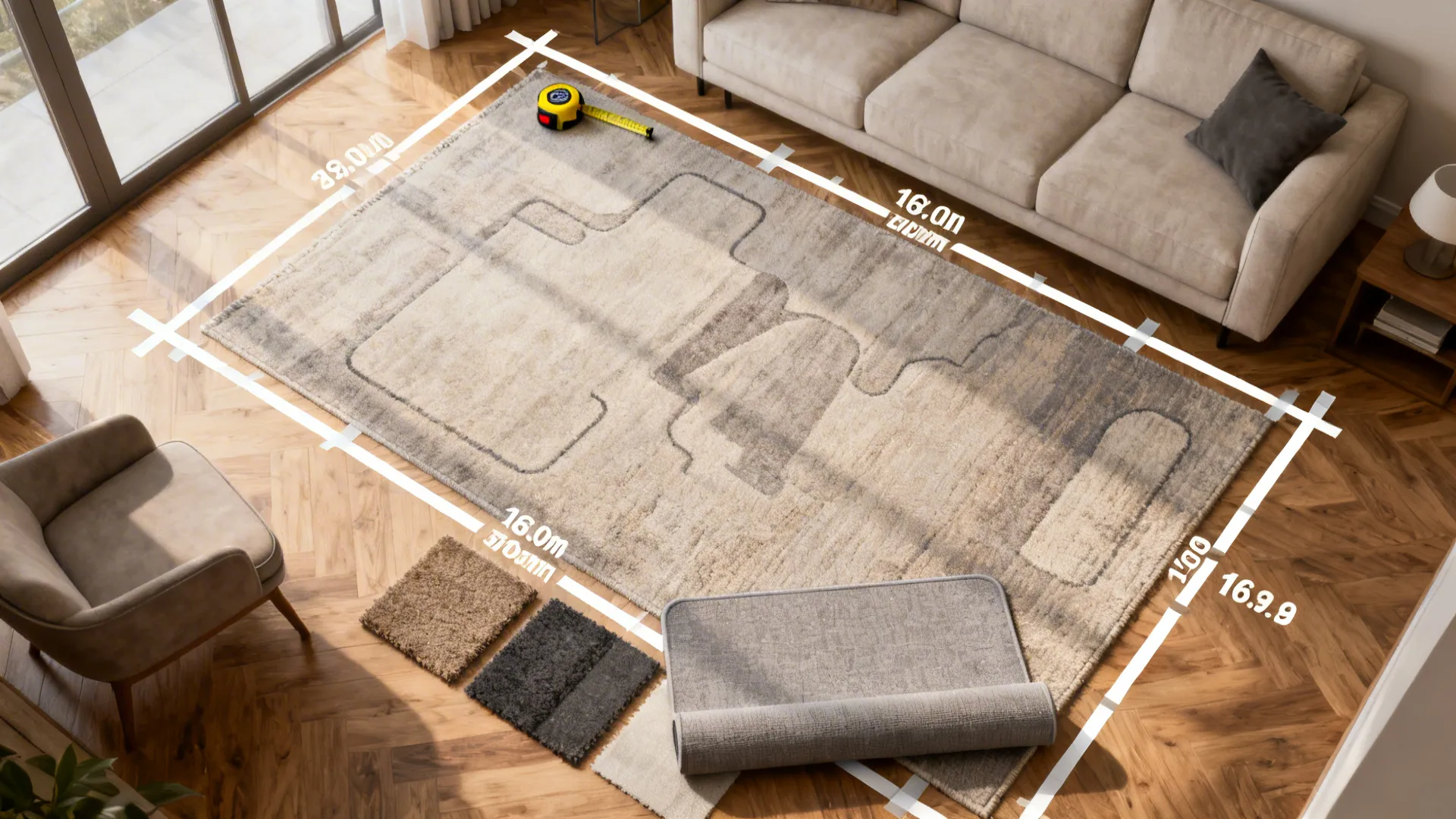Top-down mockup of rug dimensions taped on the floor to test placement before buying.